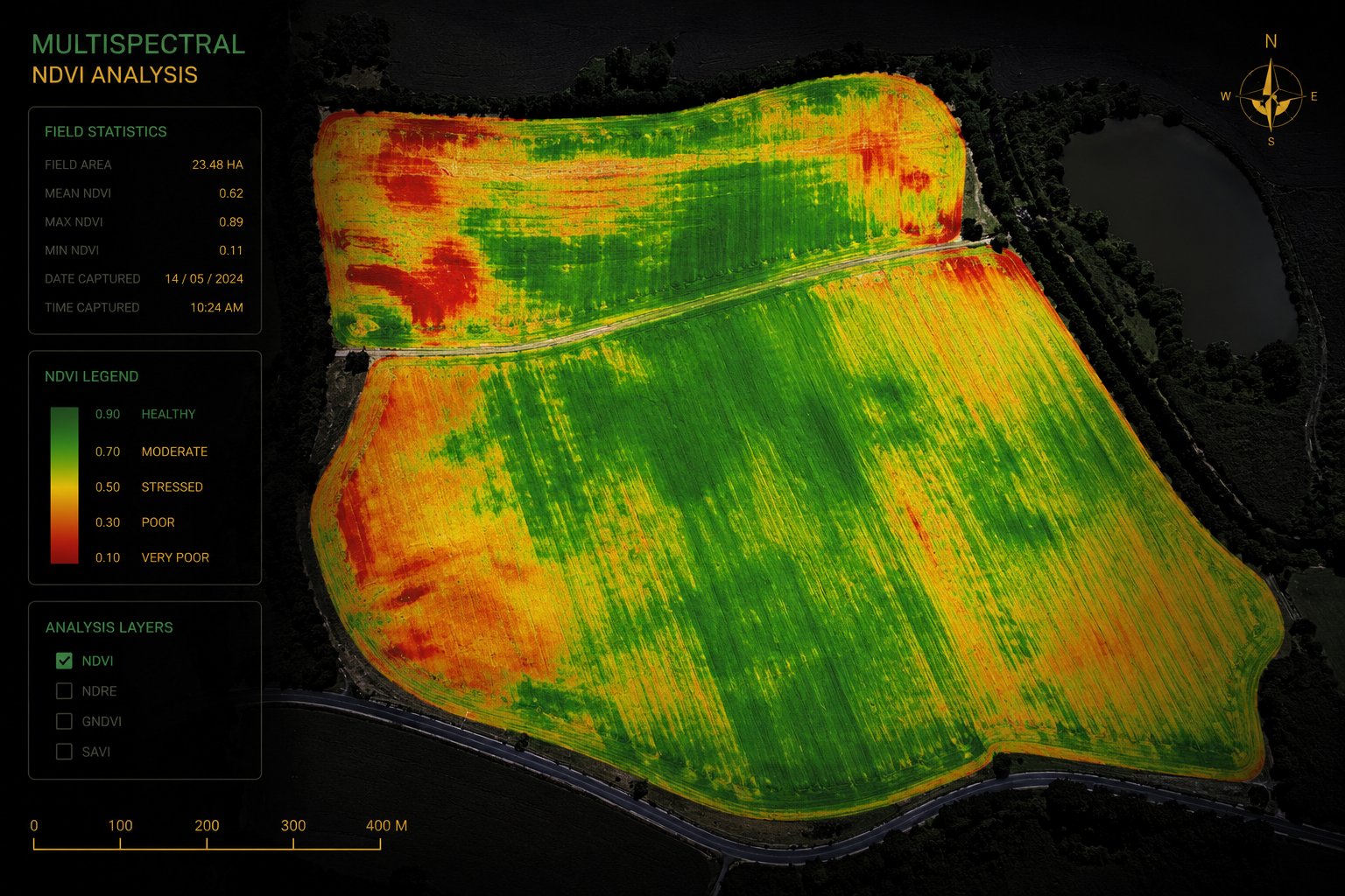 NDVI multispectral analysis map of farmland showing crop health zones in red, orange and green with field statistics