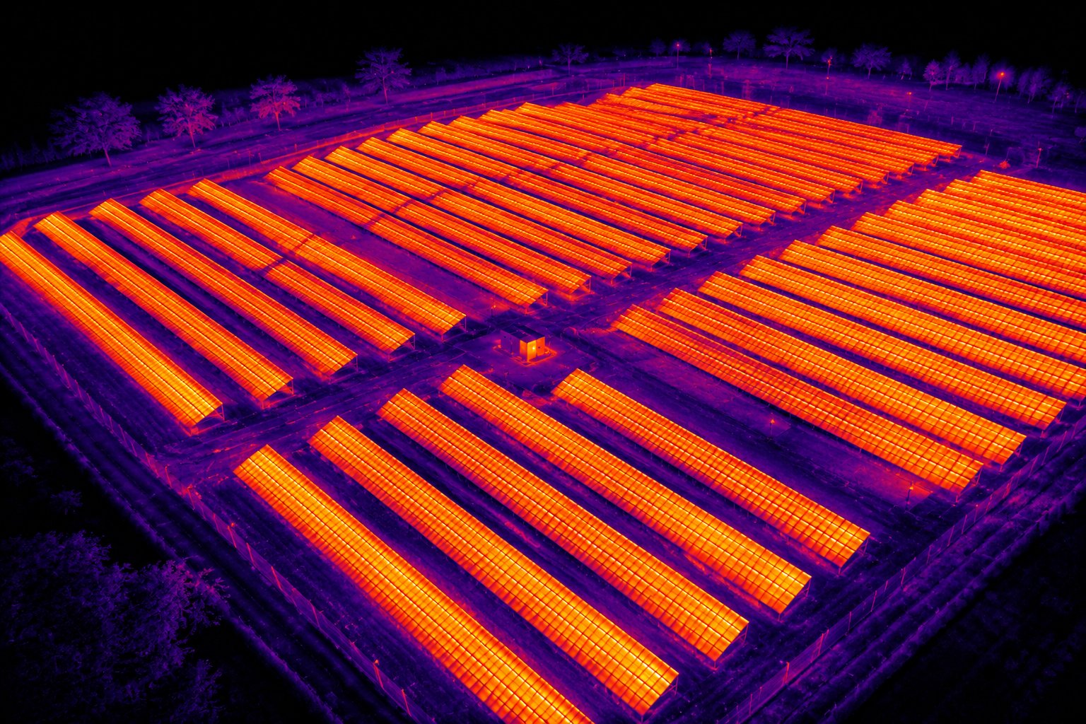 Thermal aerial image of a solar farm array showing rows of panels glowing orange against a purple background