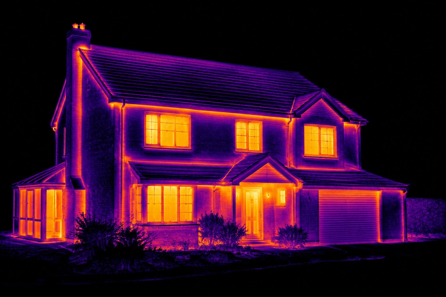 Thermal image of a house exterior at night showing heat loss through windows and roof in purple and amber